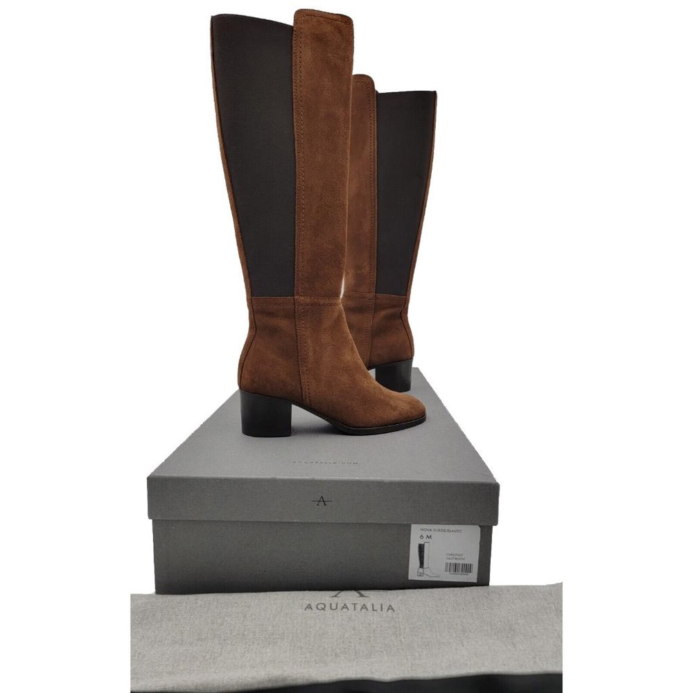 NEW $595 Aquatalia Nova Tall Suede & Elastic Boots! Chestnut Brown  Knee  ITALY